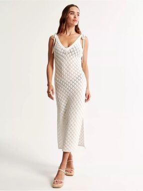 Abercrombie & Fitch Cream Knit Maxi Dress cover up with Tie Straps